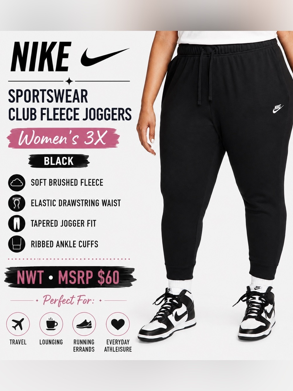 Nike Sportswear Club Fleece Jogger Pants Black Women’s 3X NWT Plus Size